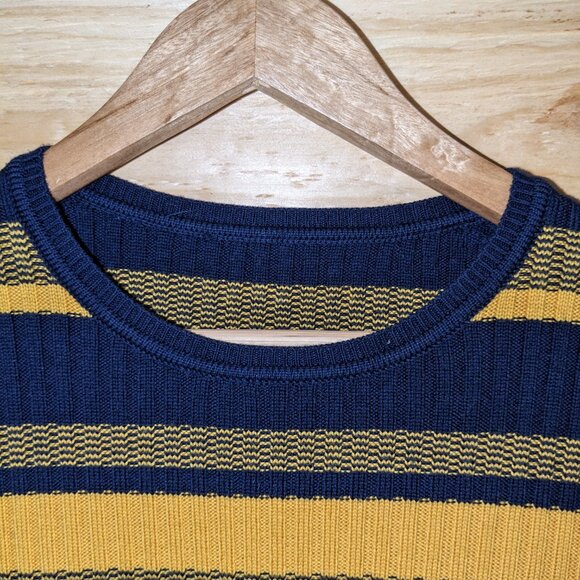 Brooks Brothers Women's Medium 100% Merino Wool Striped Sweater Gold Blue Crew - Picture 5 of 9